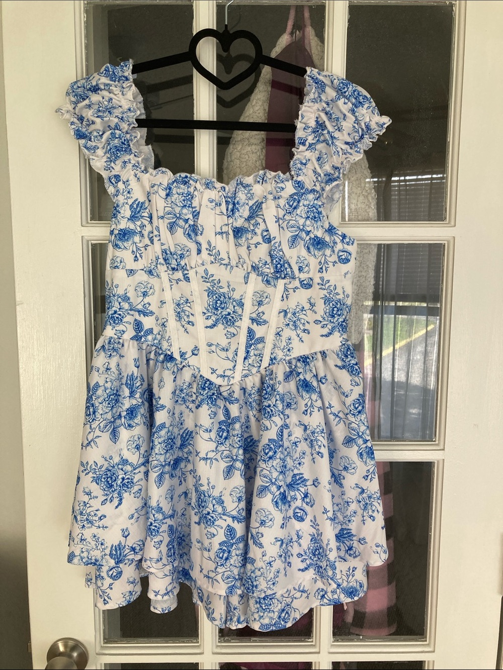 White & Blue Floral Ruffled Mini Dress with shorts underneath